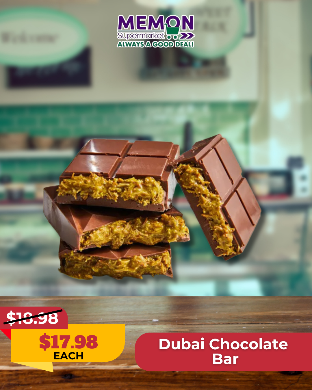 A Bite of Luxury: Dubai Chocolate Bar Now $17.98 at Memon!