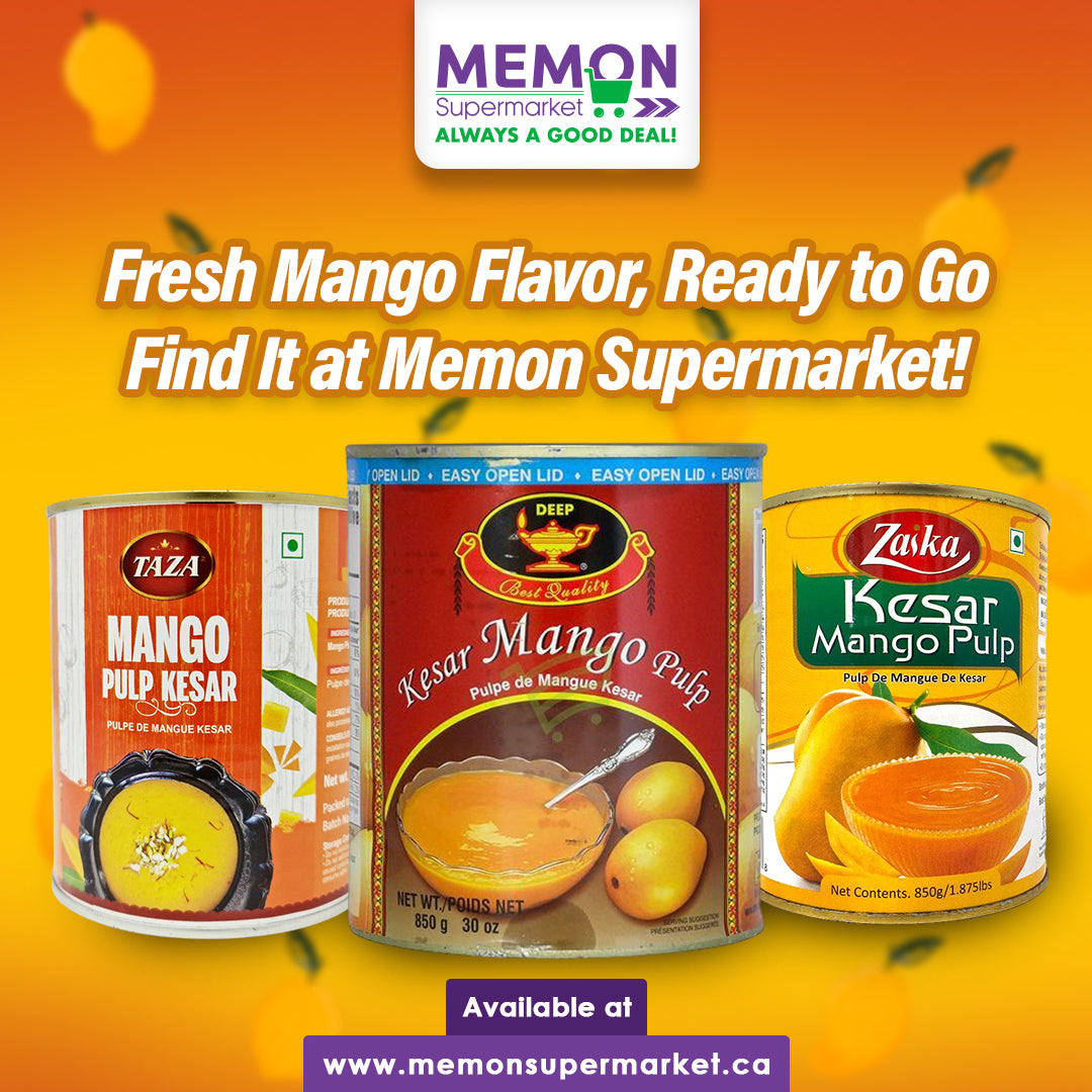 "Experience the Tropical Delight: Premium Mango Pulp from Deep, Zaika, and Taza at Memon Supermarket"
